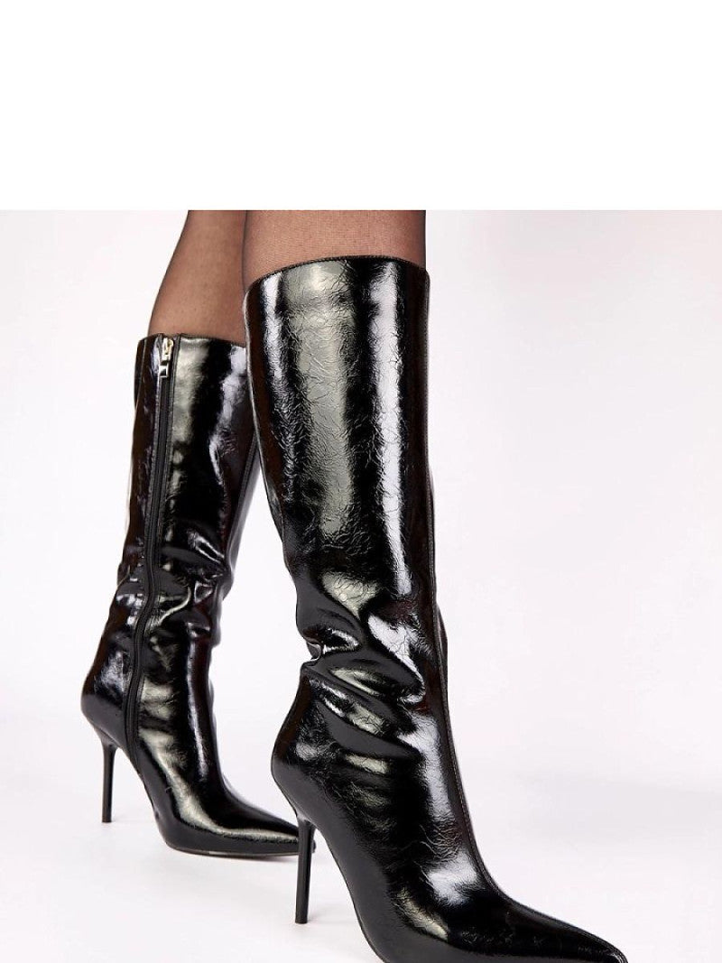 Cizme cu toc Solea, Model 221674, Negru - material imitație de piele  Footbed pânză  Înălţimea carâmbului 32 cm Înălţimea tocului 10 cm