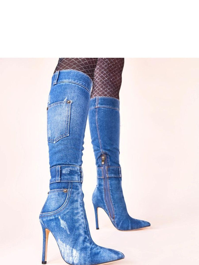 Cizme cu toc Solea, Model 222058, Albastru - material țesătură denim  Footbed pânză  Înălţimea carâmbului 38 cm Înălţimea tocului 11 cm