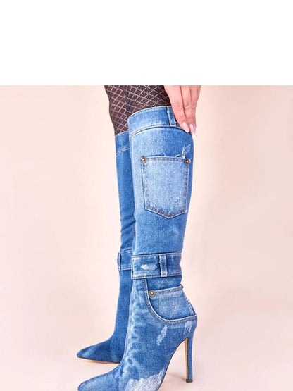 Cizme cu toc Solea, Model 222058, Albastru - material țesătură denim  Footbed pânză  Înălţimea carâmbului 38 cm Înălţimea tocului 11 cm