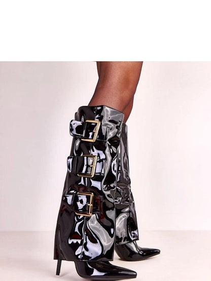 Cizme cu toc Solea, Model 222360, Negru - material imitație de piele  Footbed plastic  Înălţimea carâmbului 41 cm Înălţimea tocului 11 cm