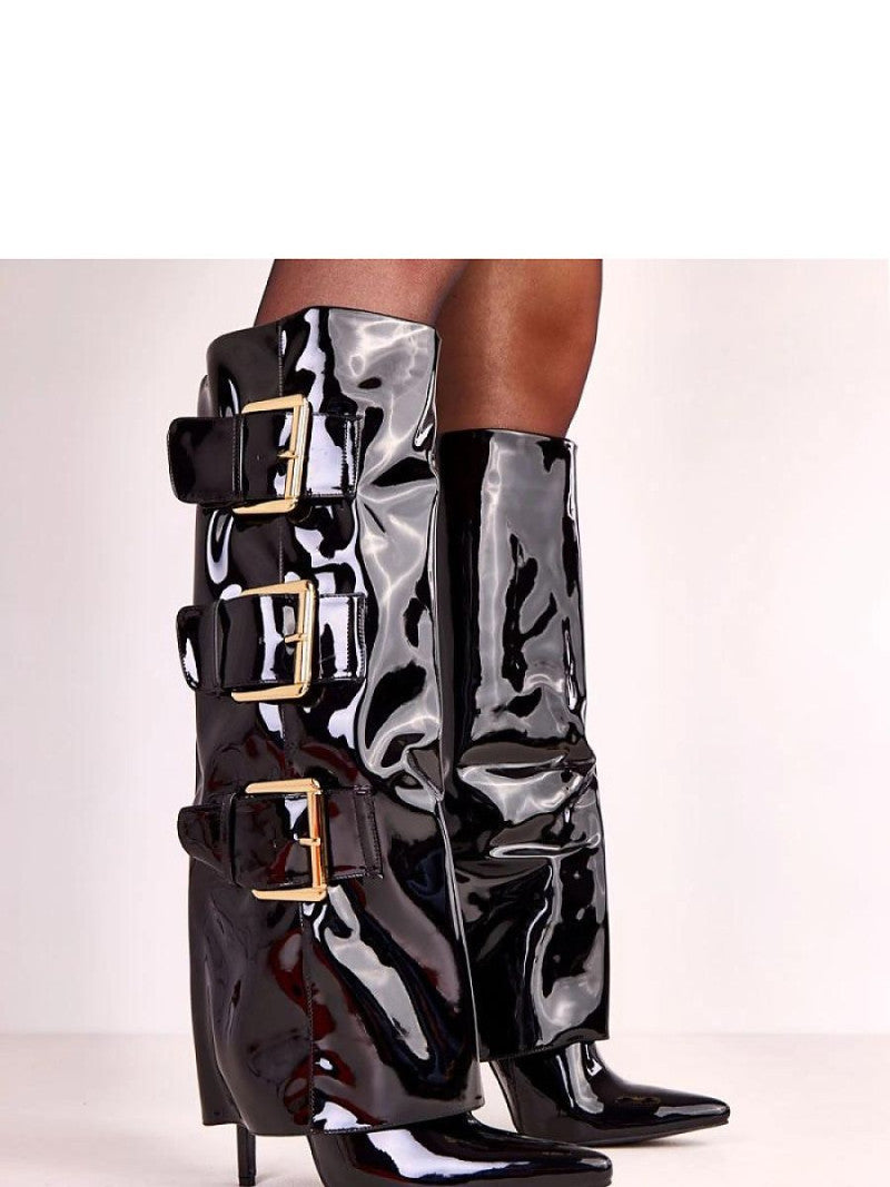 Cizme cu toc Solea, Model 222360, Negru - material imitație de piele  Footbed plastic  Înălţimea carâmbului 41 cm Înălţimea tocului 11 cm