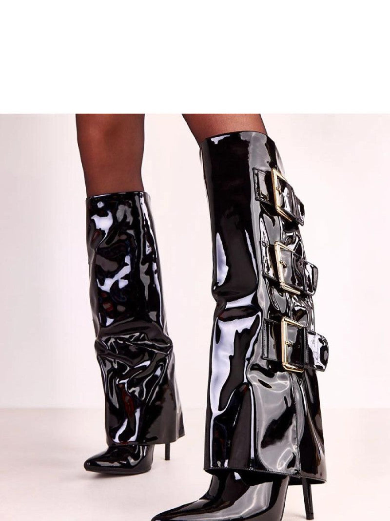 Cizme cu toc Solea, Model 222360, Negru - material imitație de piele  Footbed plastic  Înălţimea carâmbului 41 cm Înălţimea tocului 11 cm