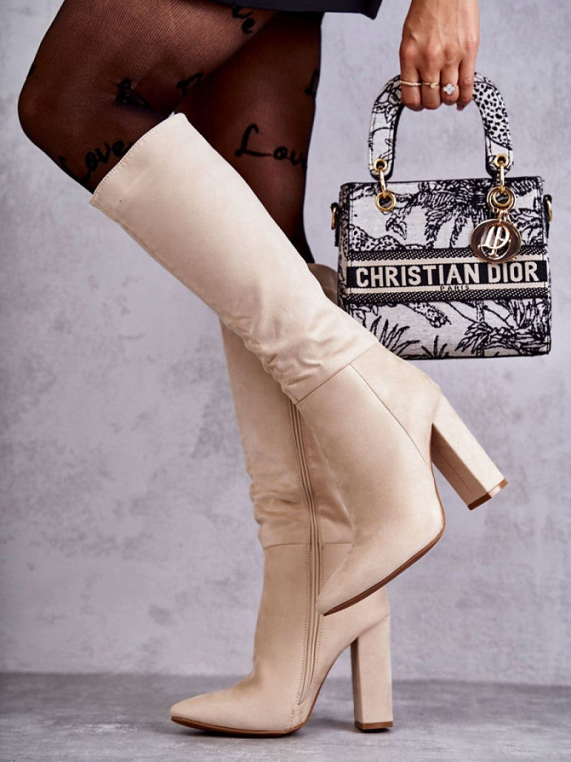 Cizme cu toc Step in style, Model 191046, Bej - material piele artificiala piele  Căptușeală pătură de pantofi  Footbed pătură de pantofi  Înălţimea carâmbului 34 cm Înălţimea tocului 10.5 cm