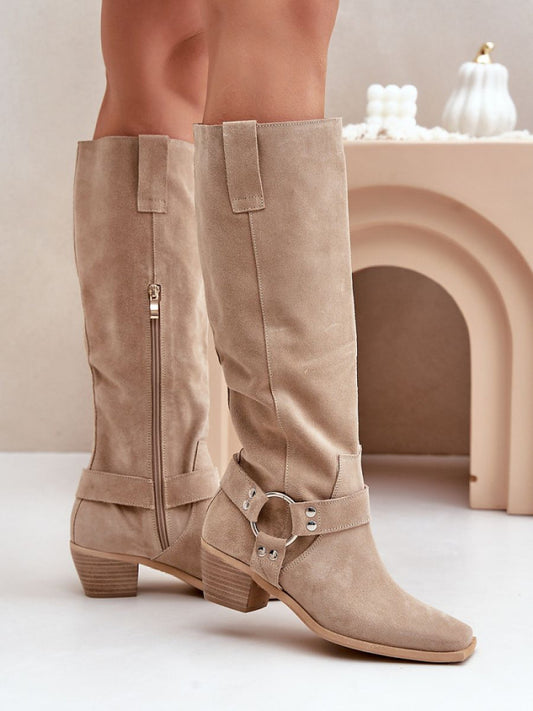 Cizme cu toc Step in style, Model 203901, Bej - material piele naturală de căprioară  Footbed piele naturala  Înălţimea carâmbului 40 cm Înălţimea tocului 5.5 cm