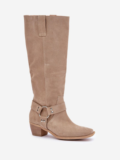 Cizme cu toc Step in style, Model 203901, Bej - material piele naturală de căprioară  Footbed piele naturala  Înălţimea carâmbului 40 cm Înălţimea tocului 5.5 cm