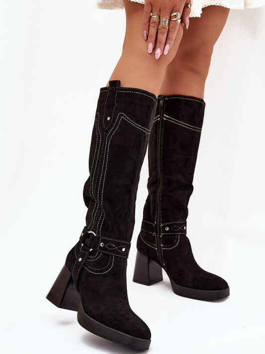 Cizme cu toc Step in style, Model 216796, Negru - material piele artificiala piele  Căptușeală pătură de pantofi  Footbed pătură de pantofi  Înălţimea carâmbului 34 cm Înălţimea tocului 8 cm