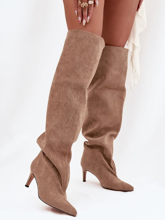 Cizme cu toc Step in style, Model 216997, Bej - material piele artificiala piele  Căptușeală pânză  Footbed pătură de pantofi  Înălţimea carâmbului 57 cm Înălţimea tocului 7 cm