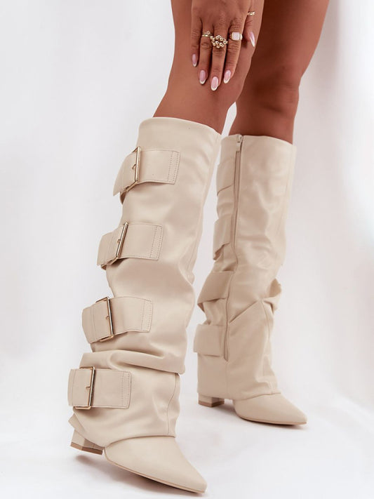 Cizme cu toc Step in style, Model 217202, Bej - material imitație de piele  Footbed pânză  Înălţimea carâmbului 38 cm Înălţimea tocului 10 cm