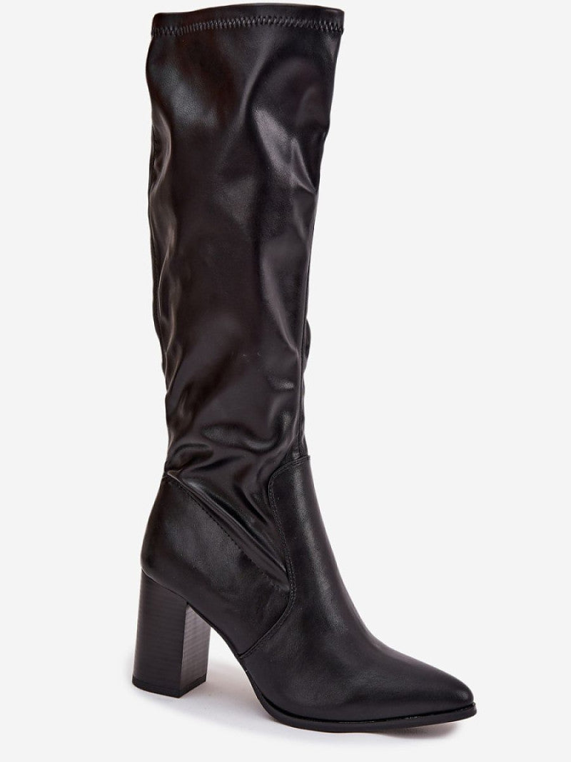 Cizme cu toc Step in style, Model 217216, Negru - material imitație de piele  Footbed pânză  Înălţimea carâmbului 38 cm Înălţimea tocului 8 cm