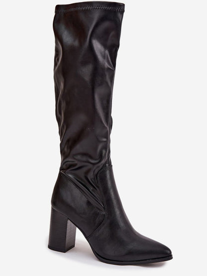 Cizme cu toc Step in style, Model 217216, Negru - material imitație de piele  Footbed pânză  Înălţimea carâmbului 38 cm Înălţimea tocului 8 cm