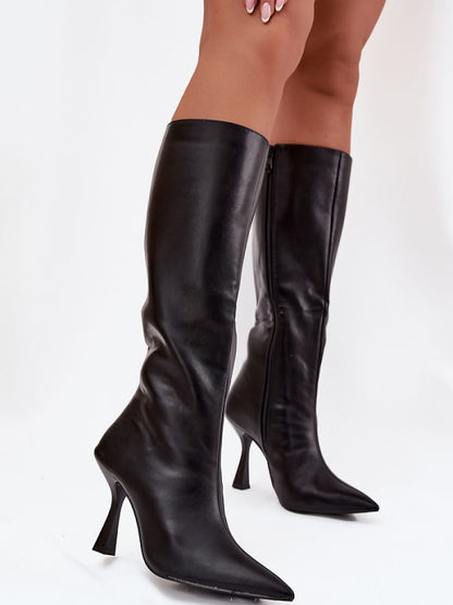 Cizme cu toc Step in style, Model 217521, Negru - material imitație de piele  Footbed pânză  Înălţimea carâmbului 36.5 cm Înălţimea tocului 9 cm