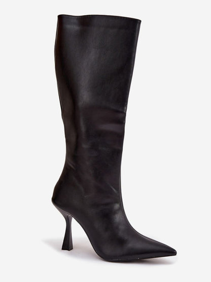 Cizme cu toc Step in style, Model 217521, Negru - material imitație de piele  Footbed pânză  Înălţimea carâmbului 36.5 cm Înălţimea tocului 9 cm