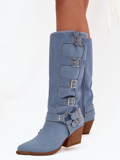 Cizme cu toc Step in style, Model 217817, Albastru - material pânză  Footbed pânză  Înălţimea carâmbului 34 cm Înălţimea tocului 7 cm