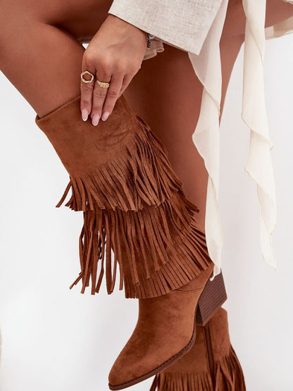 Cizme cu toc Step in style, Model 217823, Maro - material piele artificiala piele  Căptușeală pătură de pantofi  Footbed pătură de pantofi  Înălţimea carâmbului 32 cm Înălţimea tocului 7 cm