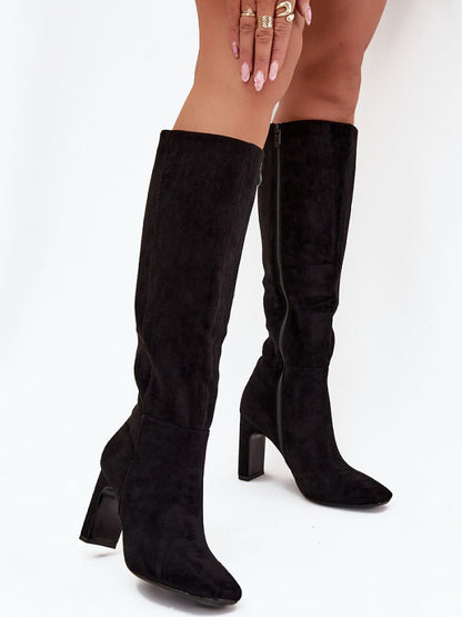 Cizme cu toc Step in style, Model 218091, Negru - material piele artificiala piele  Căptușeală pătură de pantofi  Footbed pătură de pantofi  Înălţimea carâmbului 39 cm Înălţimea tocului 9 cm