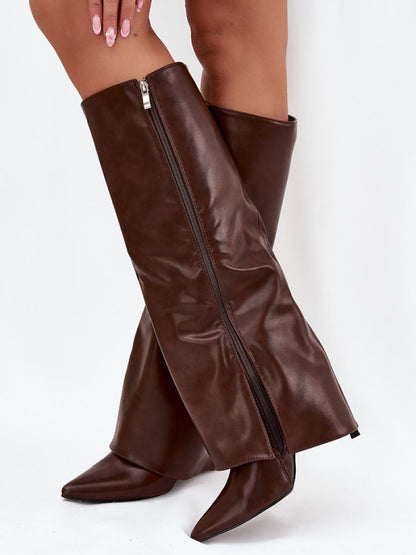 Cizme cu toc Step in style, Model 218093, Maro - material imitație de piele  Căptușeală pătură de pantofi  Footbed pătură de pantofi  Înălţimea carâmbului 39 cm Înălţimea tocului 10 cm