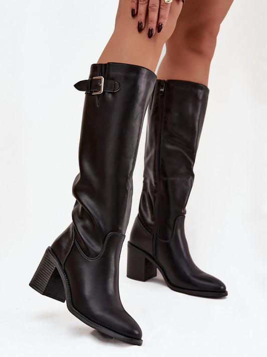 Cizme cu toc Step in style, Model 220722, Negru - material imitație de piele  Căptușeală pătură de pantofi  Footbed imitație de piele  Înălţimea carâmbului 37 cm Înălţimea tocului 8 cm