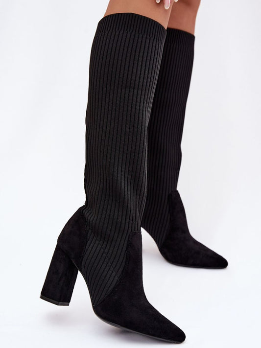 Cizme cu toc Step in style, Model 221897, Negru - material țesătură plus piele ecologică de velur  Footbed pânză  Înălţimea carâmbului 39 cm Înălţimea tocului 9 cm