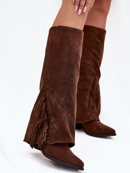 Cizme cu toc Step in style, Model 222537, Maro - material piele artificiala piele  Footbed pânză  Înălţimea carâmbului 37 cm Înălţimea tocului 7 cm