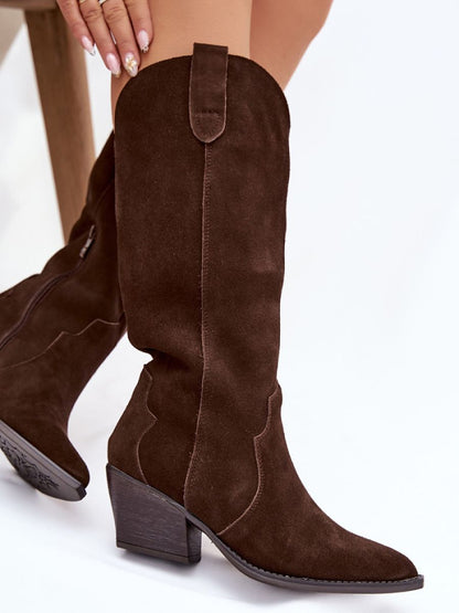 Cizme cu toc Step in style, Model 222727, Maro - material piele naturală de căprioară  Căptușeală pătură de pantofi  Footbed pătură de pantofi  Înălţimea carâmbului 36 cm Înălţimea tocului 6 cm