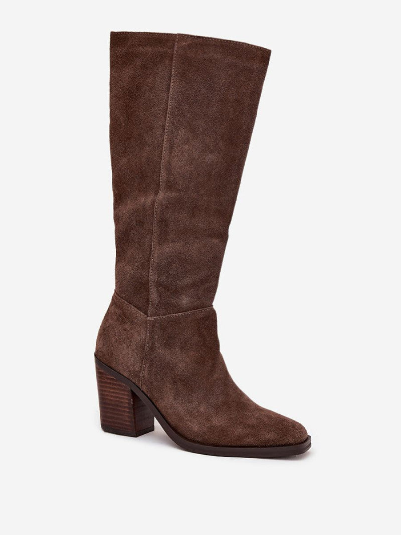 Cizme cu toc Step in style, Model 223008, Maro - material piele naturală de căprioară  Footbed pânză  Înălţimea carâmbului 36 cm Înălţimea tocului 8.5 cm