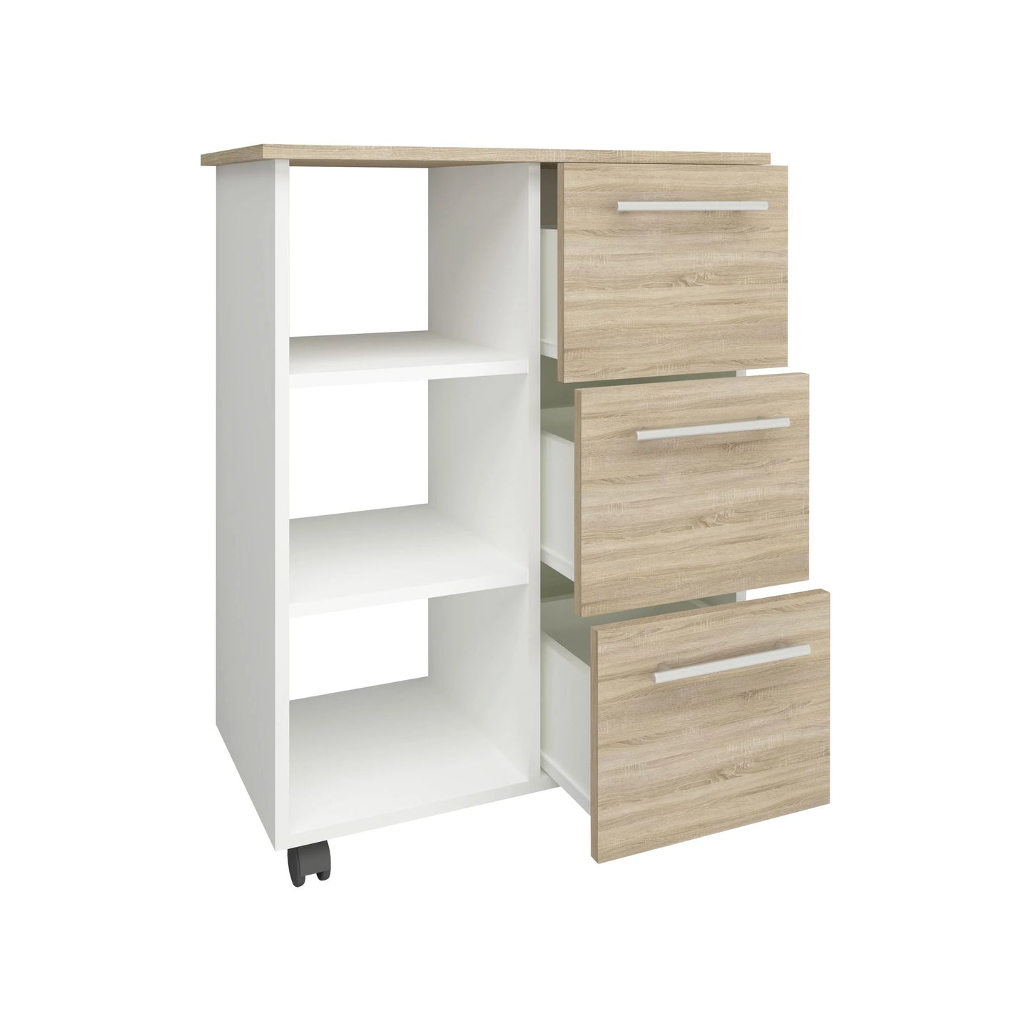 Corp Mobil haaus Loma, 3 Sertare, 3 Rafturi, Stejar Sonoma/Alb, 64 x 35 x 85 cm