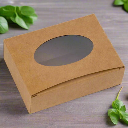 Cutie dreptunghiulară din hârtie cu fereastră ovală - kraft (set 50 buc) 9.6x3x7cm