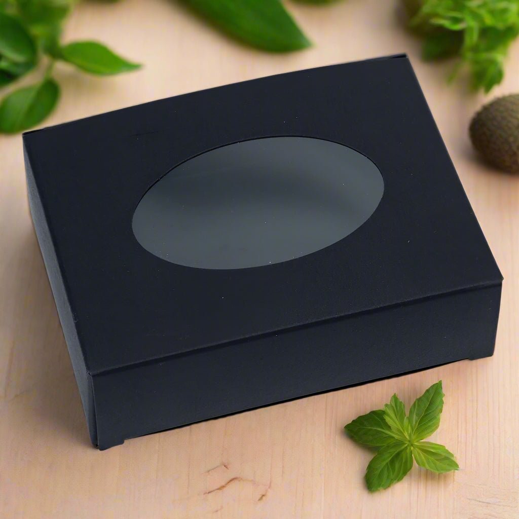 Cutie dreptunghiulară din hârtie cu fereastră ovală - negru (set 50 buc) 9.6x3x7cm