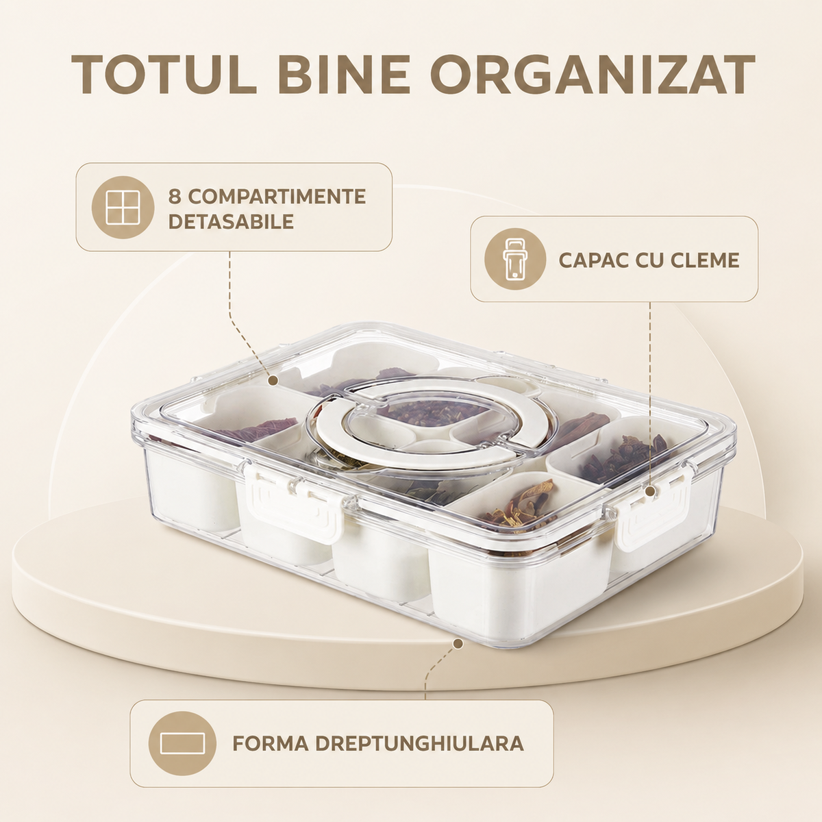 Cutie Pranz Alimentara 8 Compartimente Timebox, Etansa 800-1000Ml, Capac Sigur, Bej