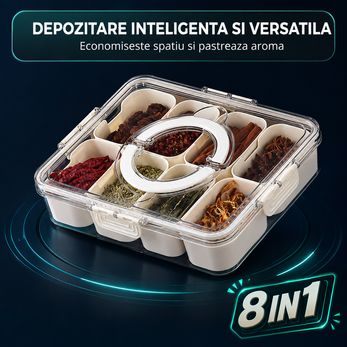 Cutie Pranz Alimentara 8 Compartimente Timebox, Etansa 800-1000Ml, Capac Sigur, Bej