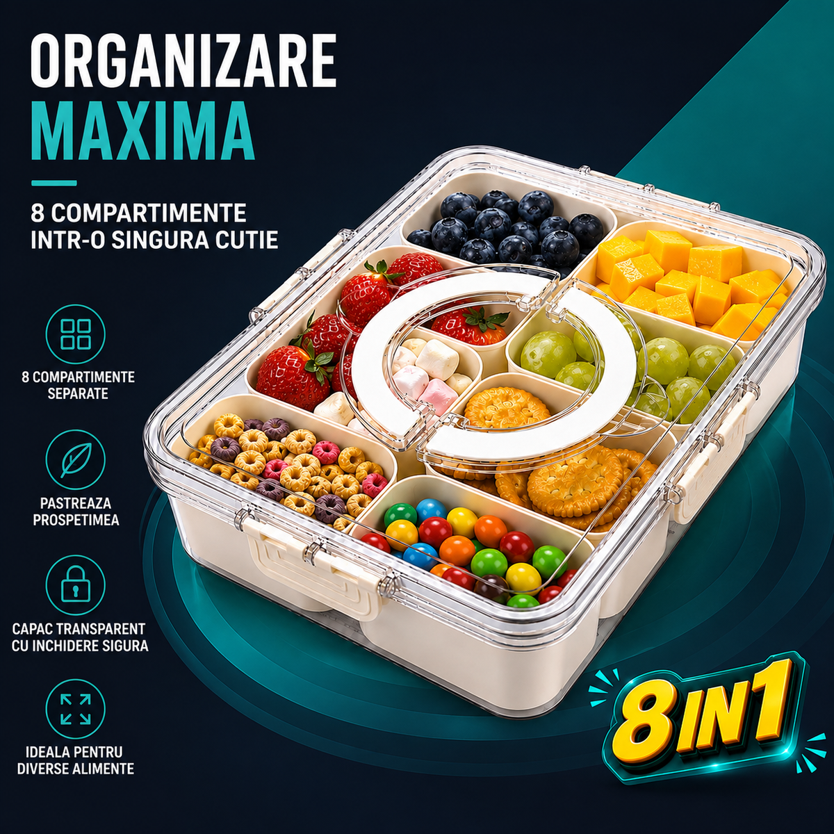 Cutie Pranz Alimentara 8 Compartimente Timebox, Etansa 800-1000Ml, Capac Sigur, Bej