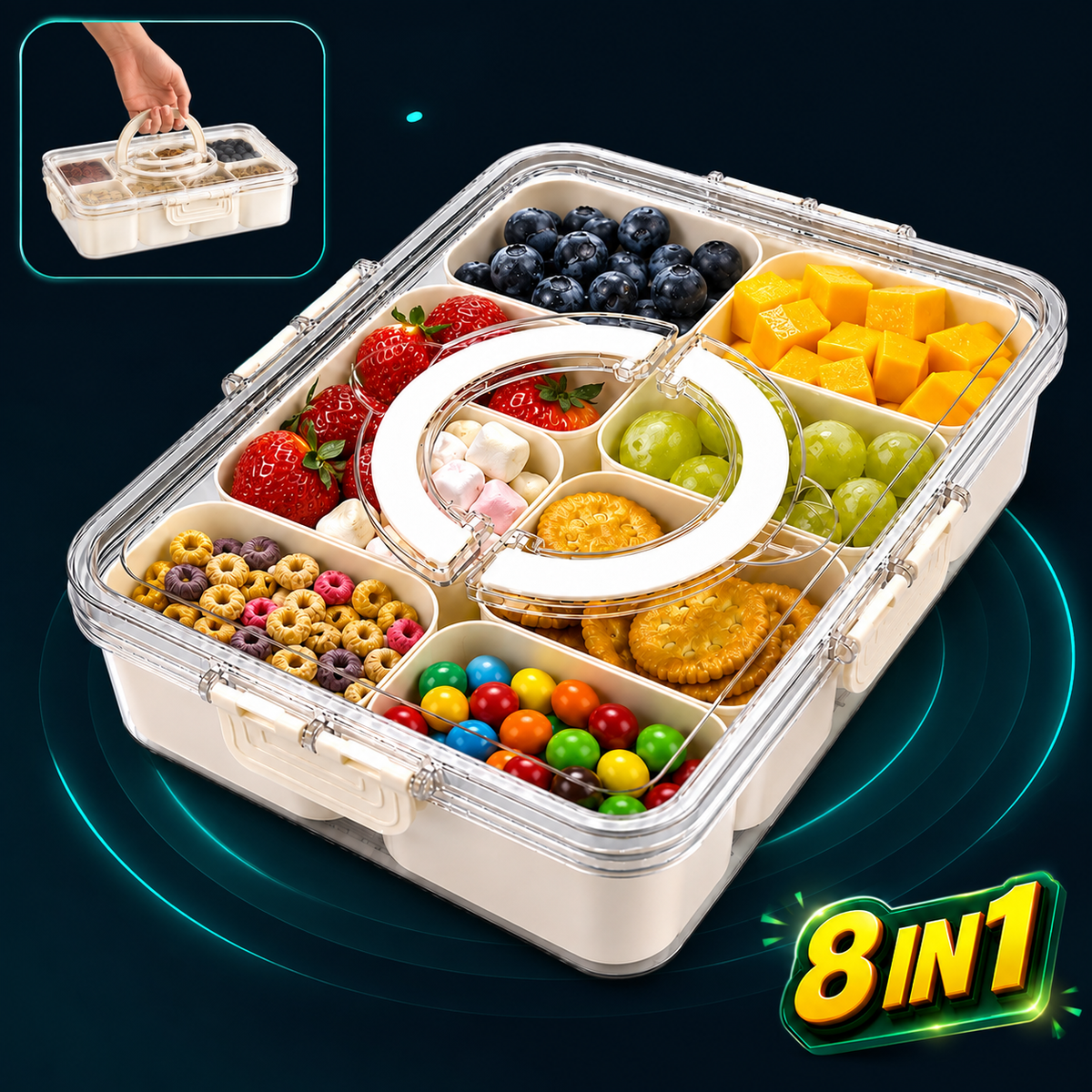 Cutie Pranz Alimentara 8 Compartimente Timebox, Etansa 800-1000Ml, Capac Sigur, Bej