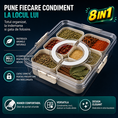 Cutie Pranz Alimentara 8 Compartimente Timebox, Etansa 800-1000Ml, Capac Sigur, Bej