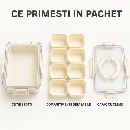 Cutie Pranz Alimentara 8 Compartimente Timebox, Etansa 800-1000Ml, Capac Sigur, Bej
