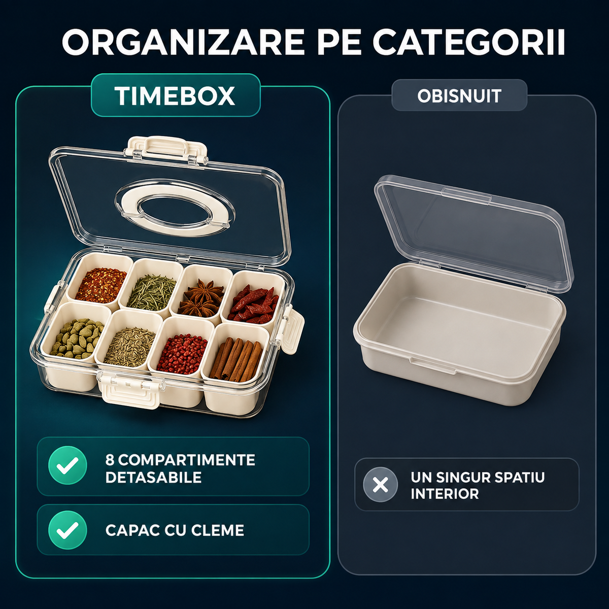 Cutie Pranz Alimentara 8 Compartimente Timebox, Etansa 800-1000Ml, Capac Sigur, Bej