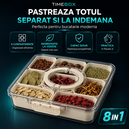 Cutie Pranz Alimentara 8 Compartimente Timebox, Etansa 800-1000Ml, Capac Sigur, Bej