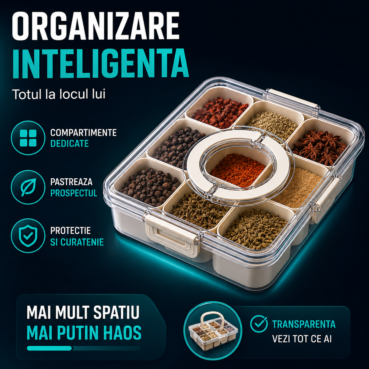Cutie Pranz Alimentara 8 Compartimente Timebox, Etansa 800-1000Ml, Capac Sigur, Bej