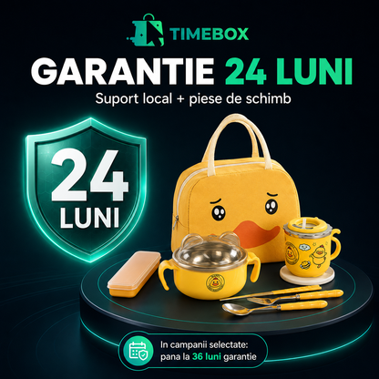 Cutie Pranz Copii Timebox din Inox 304, Timebox, Bol, Cana, Tacamuri, Saculet Inclus, Galben