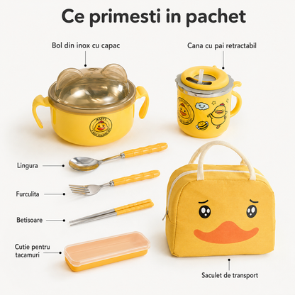 Cutie Pranz Copii Timebox din Inox 304, Timebox, Bol, Cana, Tacamuri, Saculet Inclus, Galben