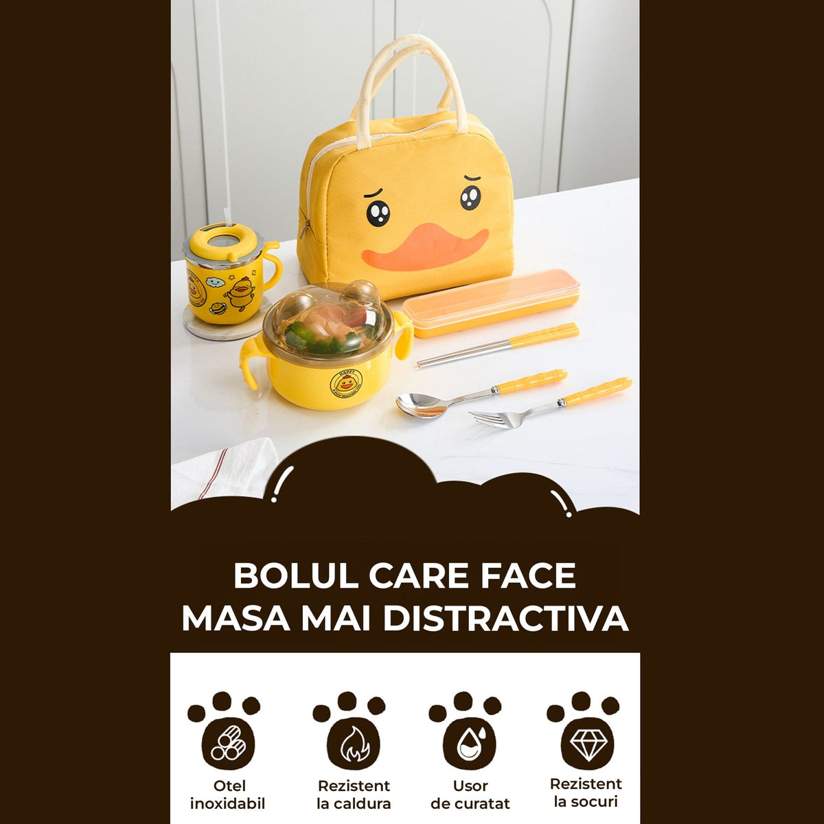 Cutie Pranz Copii Timebox din Inox 304, Timebox, Bol, Cana, Tacamuri, Saculet Inclus, Galben