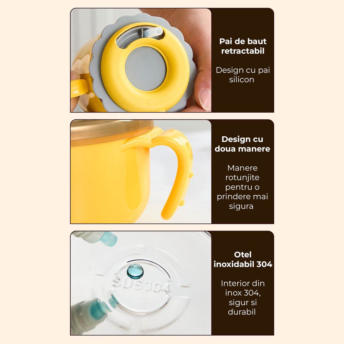Cutie Pranz Copii Timebox din Inox 304, Timebox, Bol, Cana, Tacamuri, Saculet Inclus, Galben