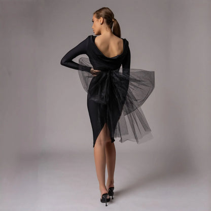 Rochie neagra midi cu funda supradimensionata din tulle Celine