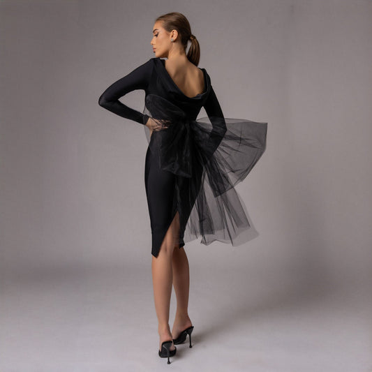 Rochie neagra midi cu funda supradimensionata din tulle Celine