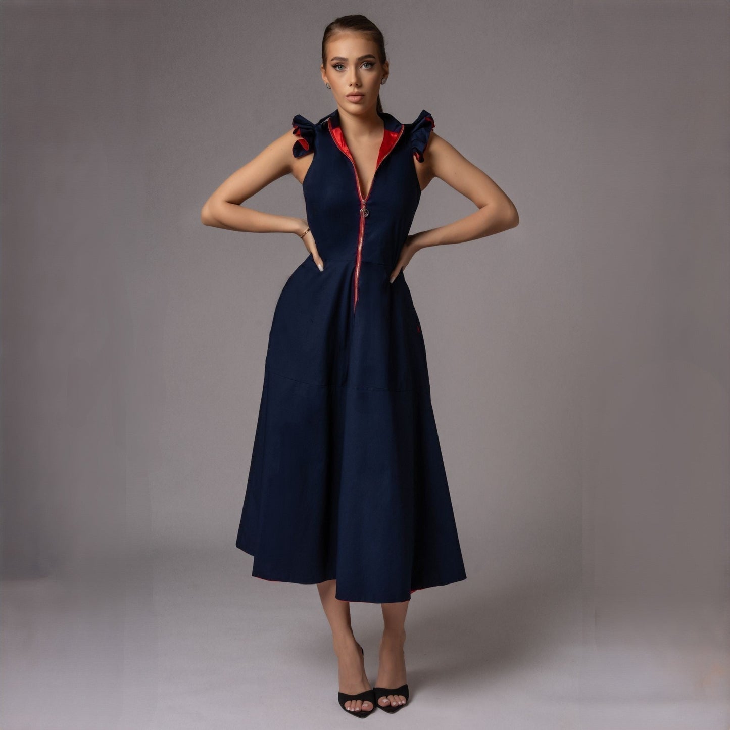 Rochie midi bleumarin din poplin Aime