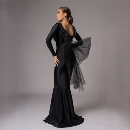 Rochie neagra sirena cu funda supradimensionata din tulle Celine