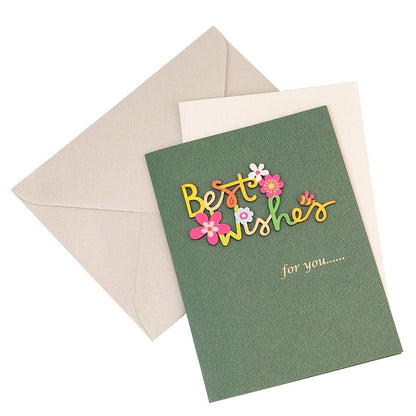 Felicitare 3D cu flori, mesaj Best Wishes și plic - verde