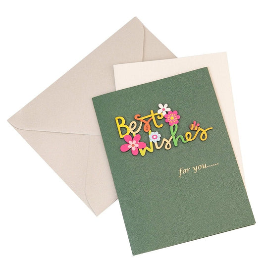 Felicitare 3D cu flori, mesaj Best Wishes și plic - verde