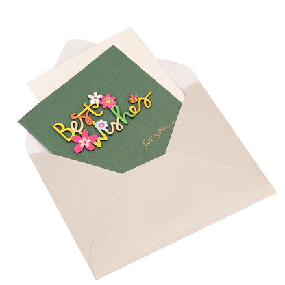 Felicitare 3D cu flori, mesaj Best Wishes și plic - verde