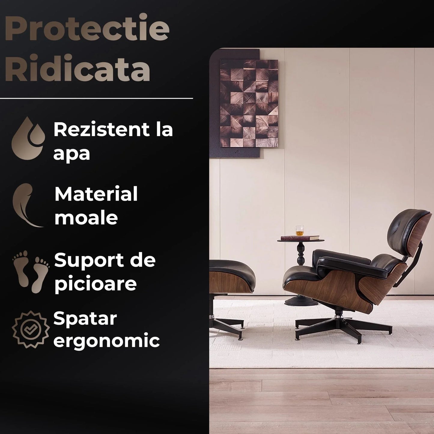 Fotoliu premium din piele, structura rezistenta din aluminiu, Negru
