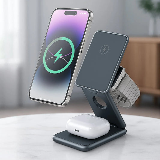 Incarcator Wireless Timebox, 15W, 3 In 1, Pliabil, Magsafe, Airpods, Apple Watch